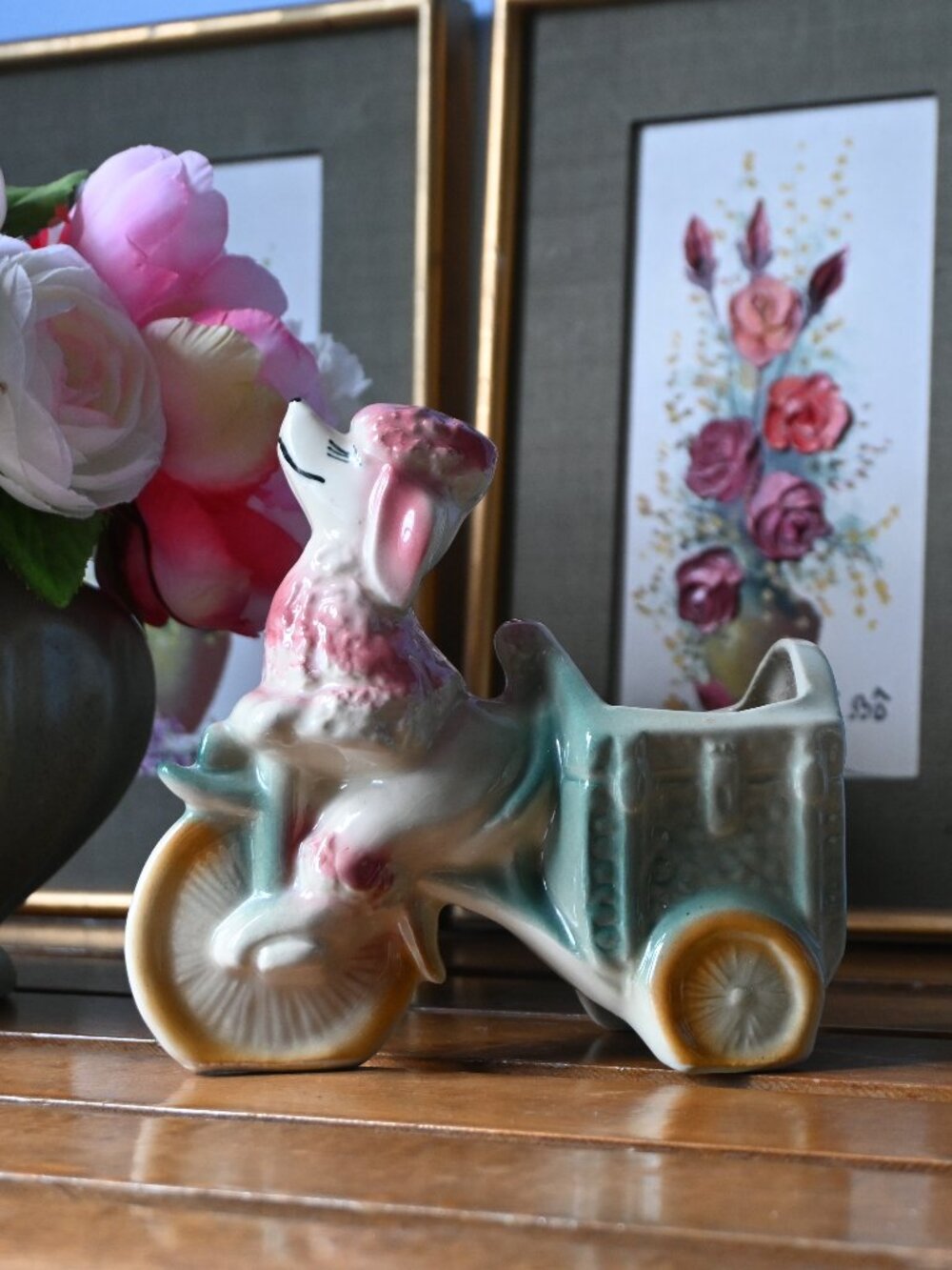 Stunning VTG Pink Poodle Tricycle Cart Planter #712 USA Shawnee Pottery Dog Love